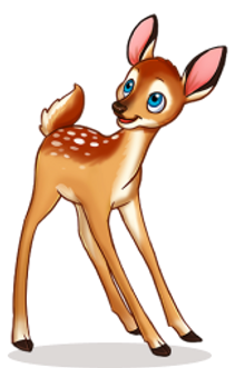 Animated brown deer with white spots and large ears standing cheerfully against white background.