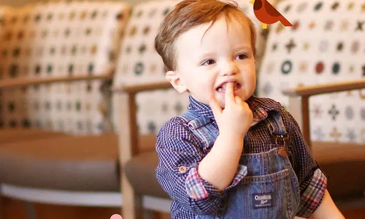 Toddler in purple shirt sucking thumb while sitting on patterned couch indoors.