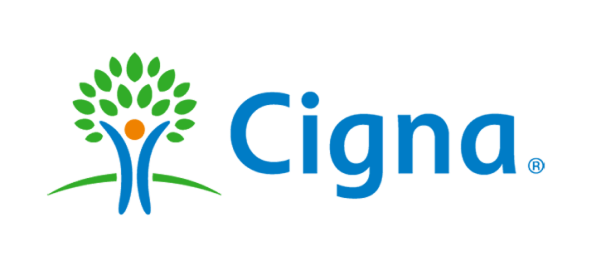 Cigna logo featuring stylized tree and person figure in blue and green colors.