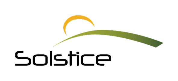 Solstice logo featuring curved arc design with orange sun and green swoosh element