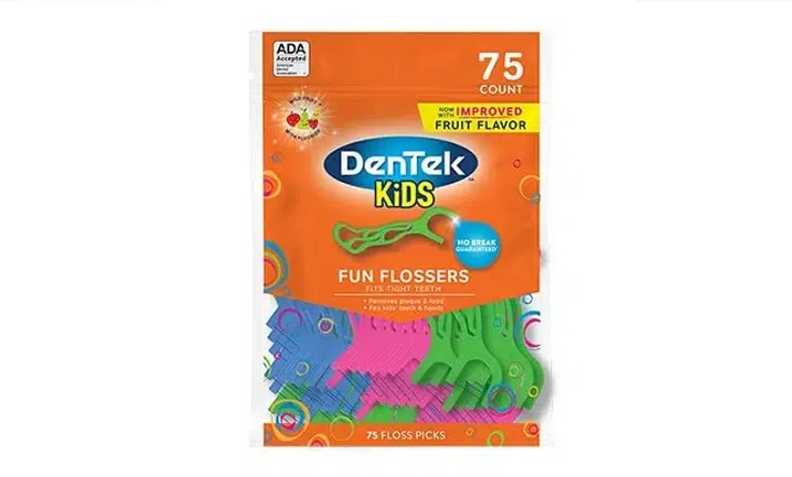 Dentek Kids colorful fun flossers package with 75 count, orange background display.