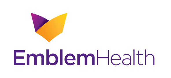 Emblem Health logo featuring purple and yellow geometric shapes with company name text.