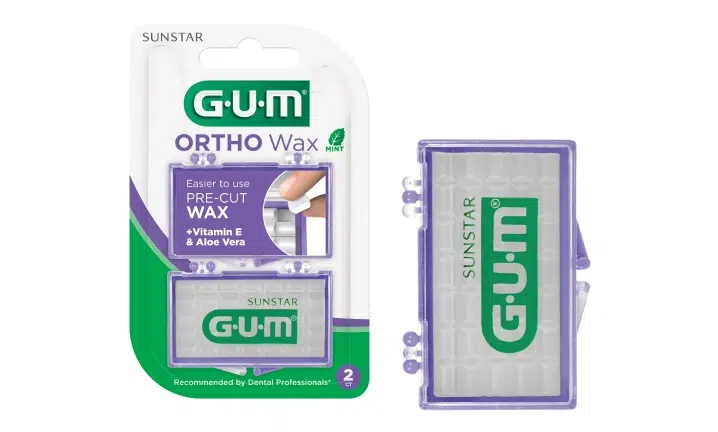 GUM Ortho Wax dental product packaging displayed with wax container and blister pack.