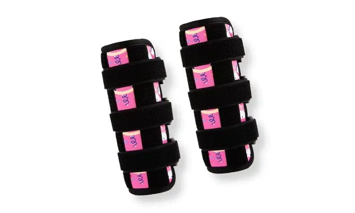 Pink and black striped leg warmers or arm warmers displayed as a pair on white background.