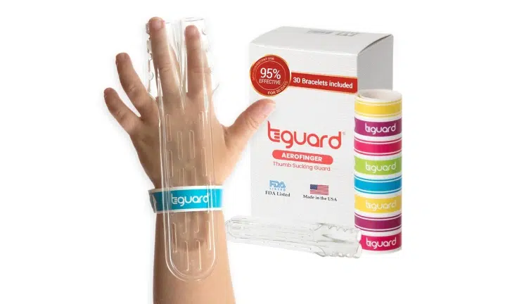 Hand wearing colorful Biguard wristbands with product packaging displayed against white background.