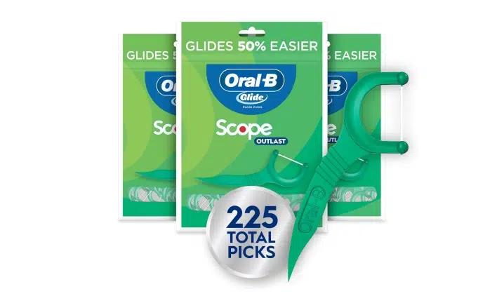 Oral-B Scope dental flicks product boxes displaying 225 total picks in green packaging.