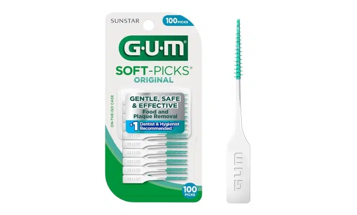 GUM Soft-Picks interdental cleaners product packaging and individual pick displayed against white background.
