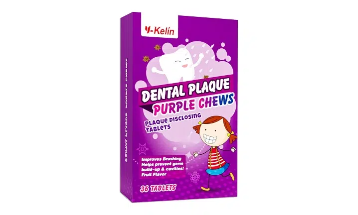 Purple box of Dental Plaque Purple Chews pet dental treats with product packaging displayed against white background.
