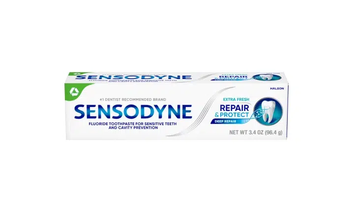 Sensodyne Repair and Protect toothpaste tube displayed against white background.