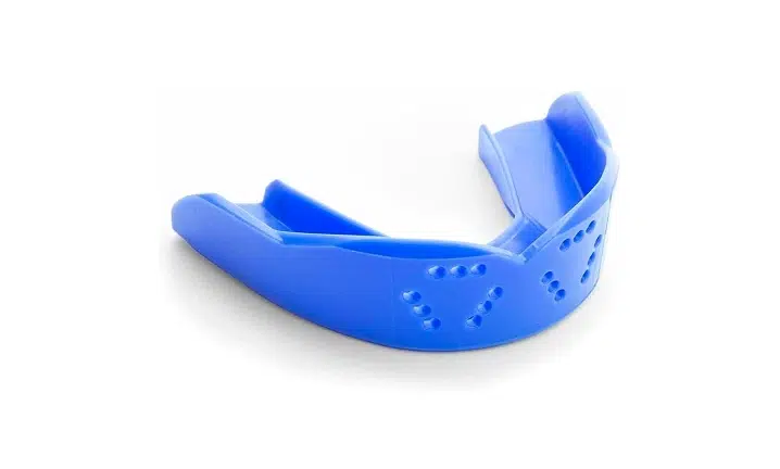 Blue sports mouthguard shown from two angles against white background