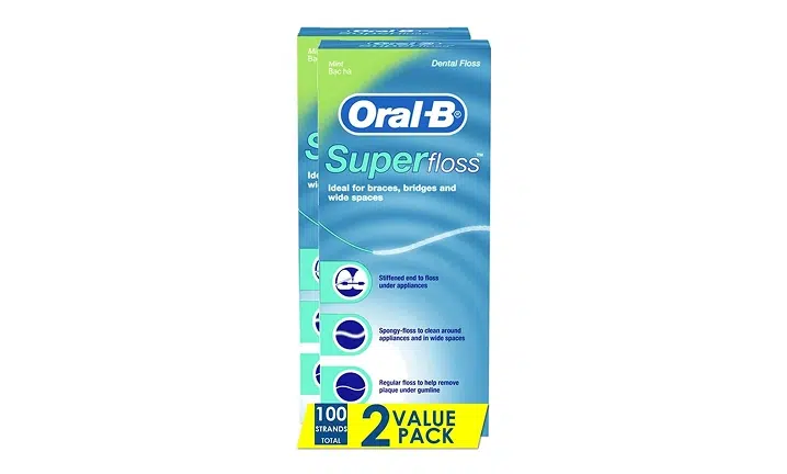 Oral-B Supeross toothbrush two-pack box displayed against white background with product features highlighted.