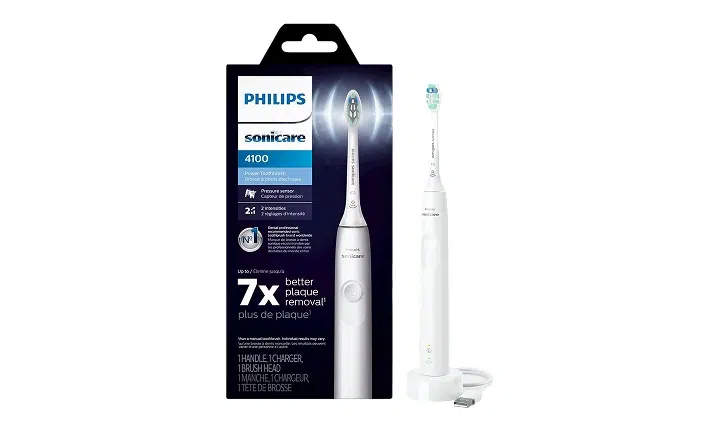 Philips Sonicare electric toothbrush with white handle displayed next to retail packaging box.