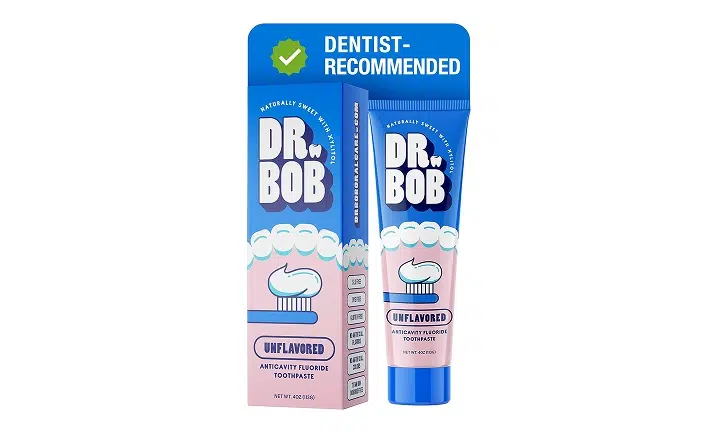 Dr. Bob toothpaste tubes with dentist recommended badge and product packaging displayed.