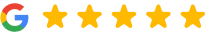 Google logo with five gold stars indicating a five-star review rating for Smile Lodge.